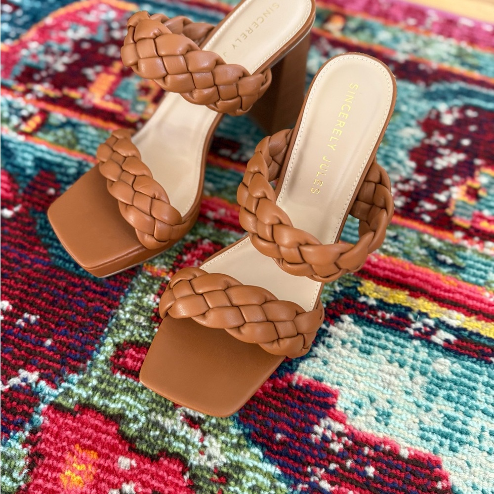 Sincerly Jules Braided Double-Strap Block Heel Mules in Cognac